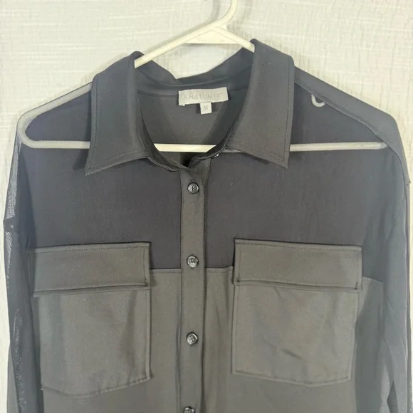 Anatomie‎ Black Sheer Button-Front Blouse Top Size Medium Travel Chic - Picture 4 of 11